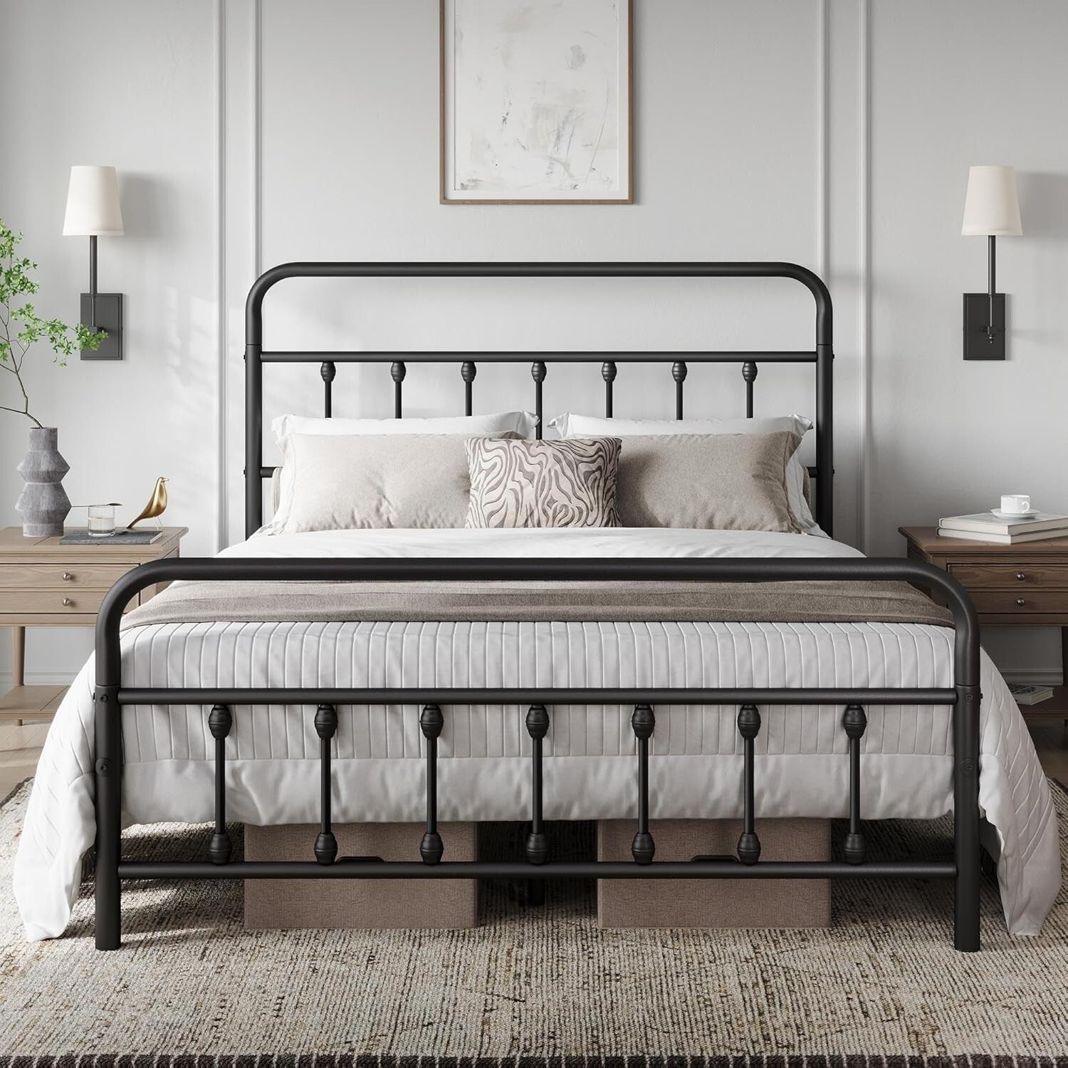 Elegant Black Iron Bed Frame - Full Size with High Headboard & Under Bed Storage