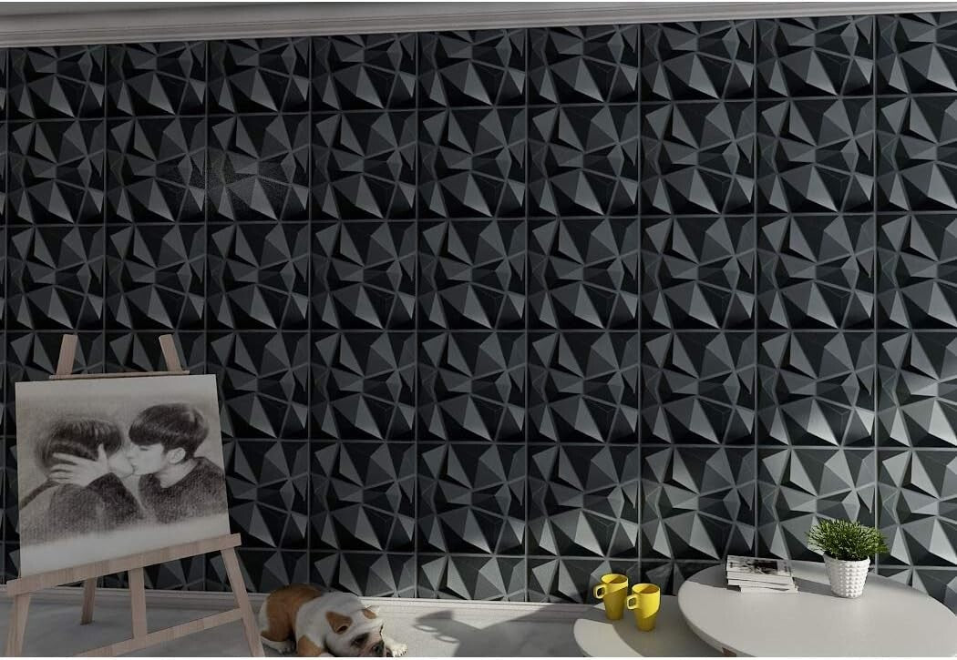 Elegant 3D Matte Black Wall Panels for Living Room - 12 Pack, Easy Glue Down
