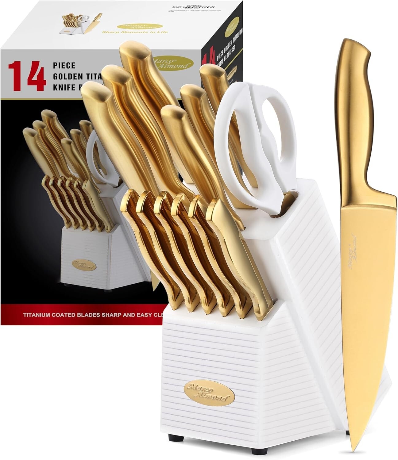 Elegant Gold Knife Set - 14-Piece Titanium Coated Stainless Steel with Block