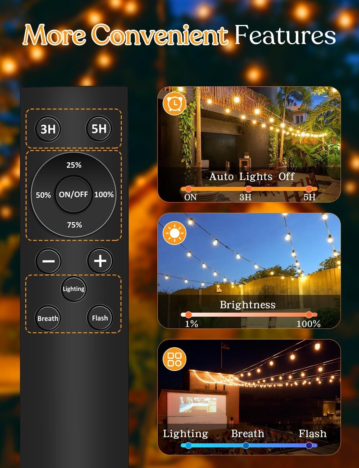 Versatile 100ft Solar String Lights - USB Rechargeable, Ideal for Garden & Porch