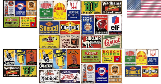 8x12 Inch Vintage Tin Signs Pack - 24 Distressed Ads for Man Cave and Garage