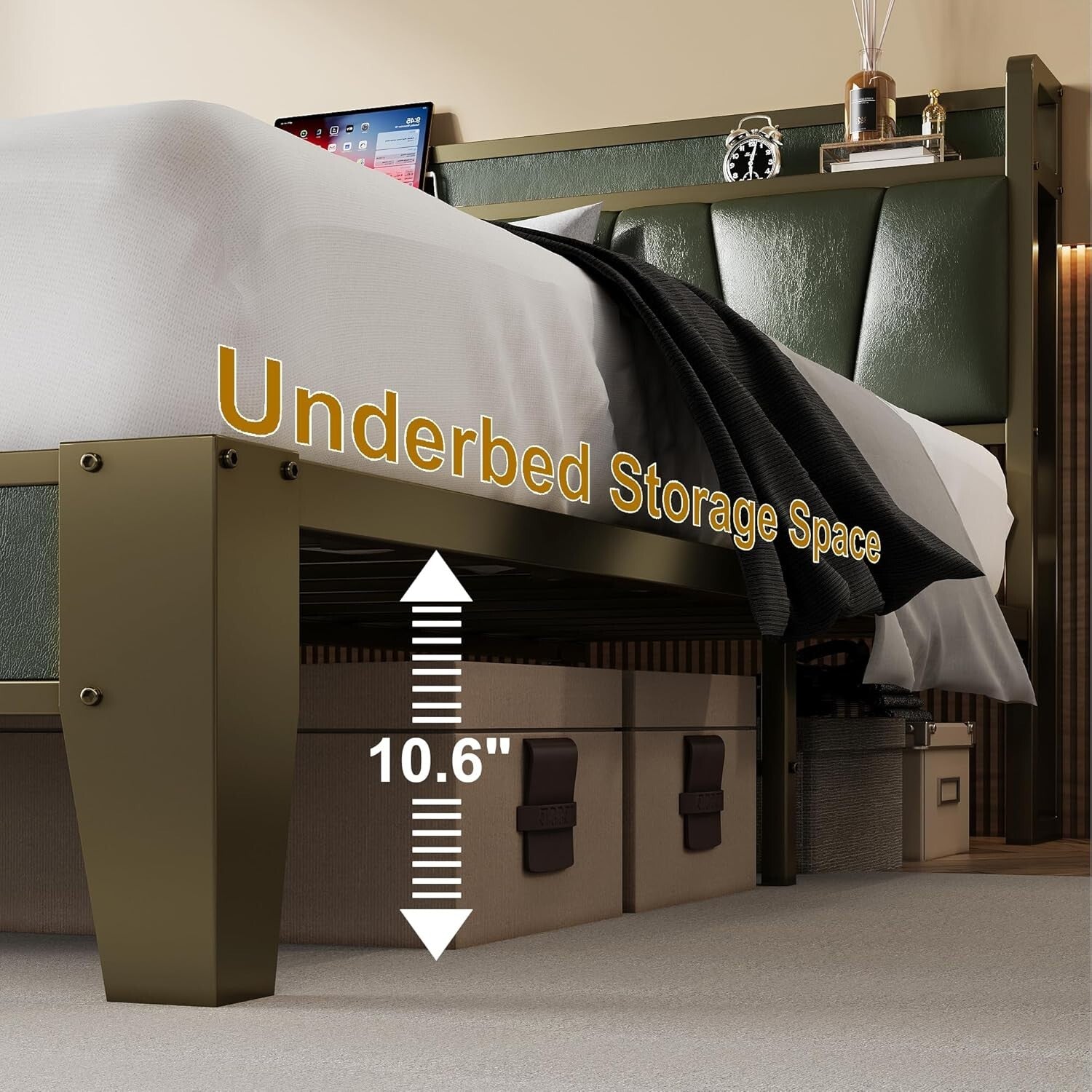 Elegant Dark Green California King Platform Bed with Convenient Charging Station