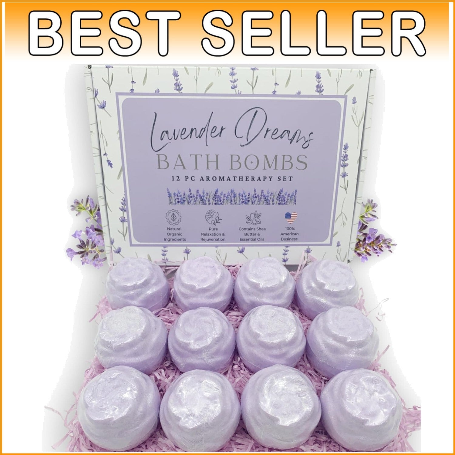 Aromatherapy Lavender Bath Bombs - 12 Large Organic Bath Balls for Relaxation