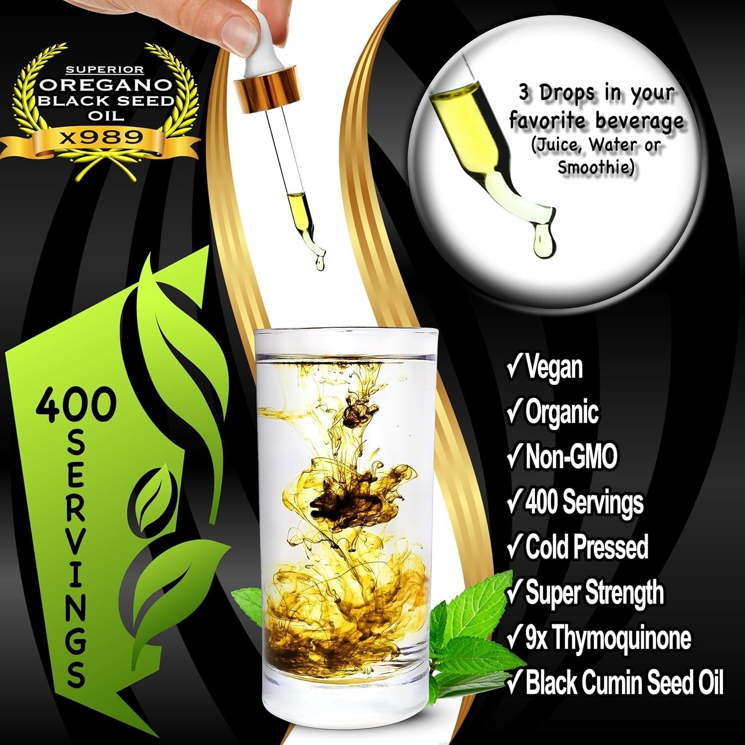 Natural Oil of Oregano & Black Seed Extract - Organic 400 Servings for Vitality