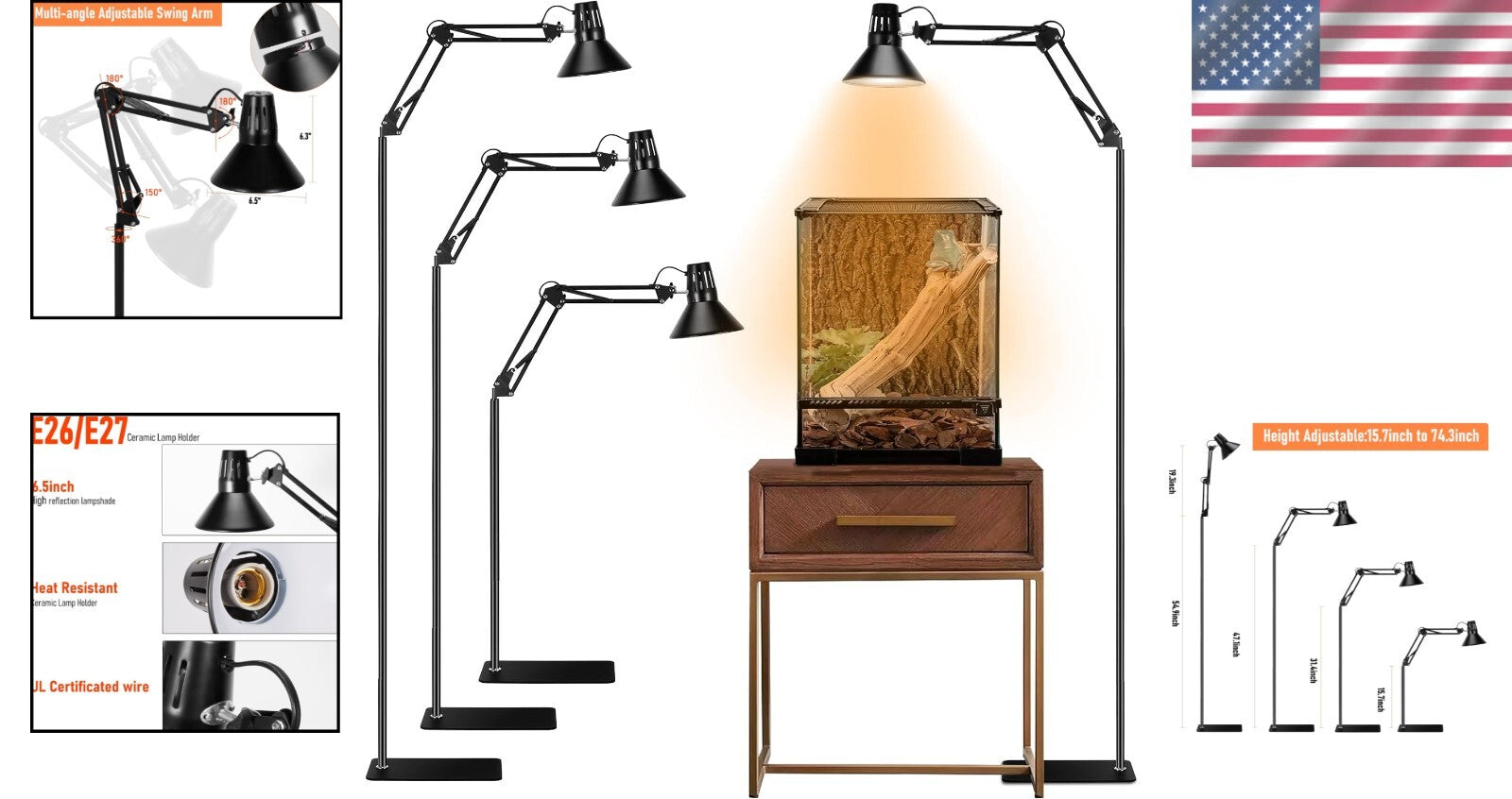 Tall Heat Lamp Stand for Reptiles - Adjustable 17.5-74.3in with Reflective Shade