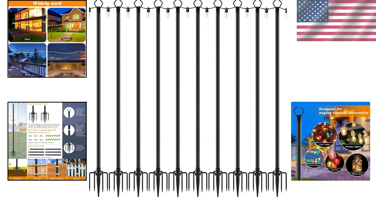 Metal String Light Poles for Outdoor Lighting - Waterproof & All Season Use