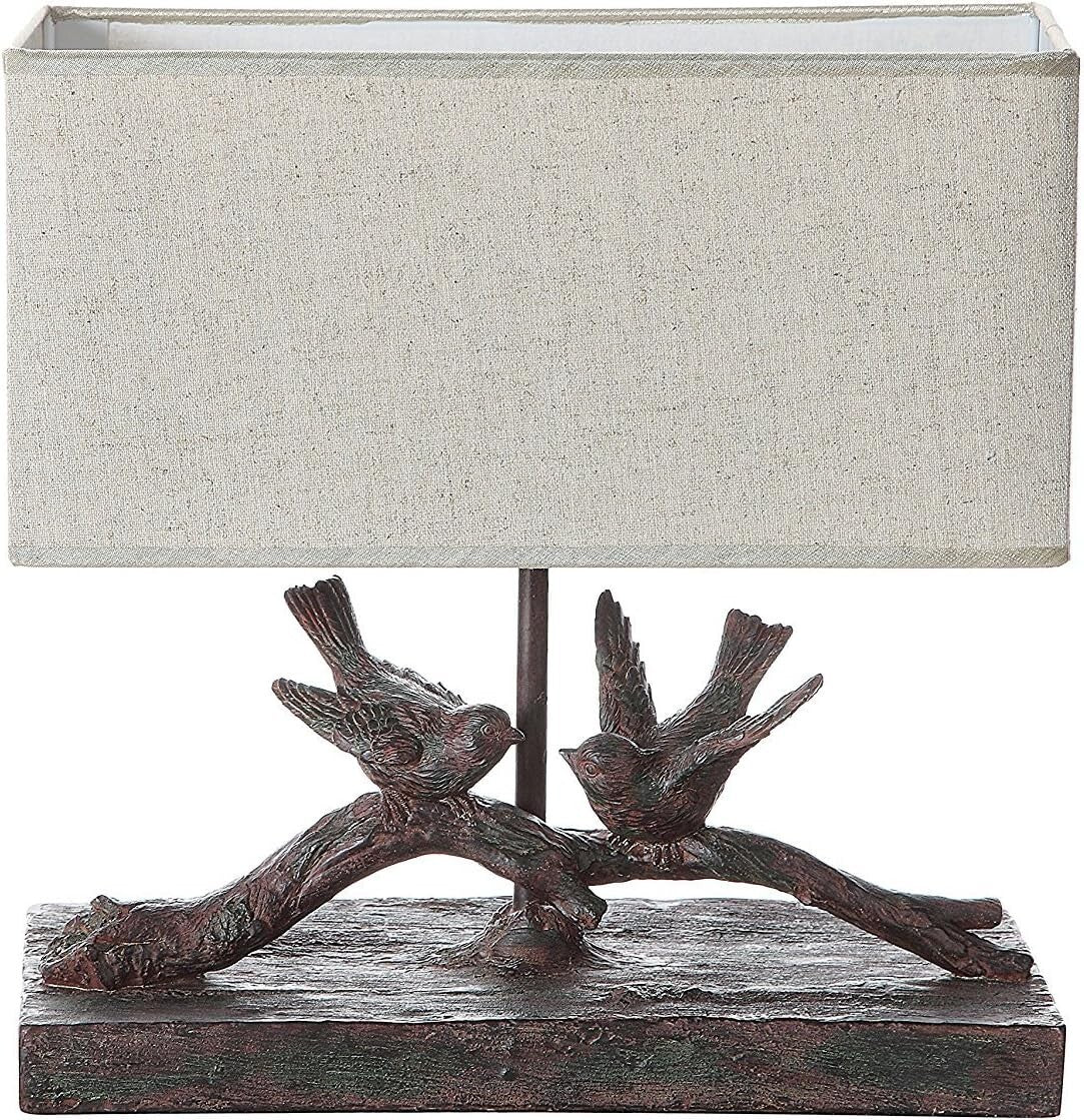 Elegant Rustic Bird Table Lamp with Antique Bronze Finish & White Shade