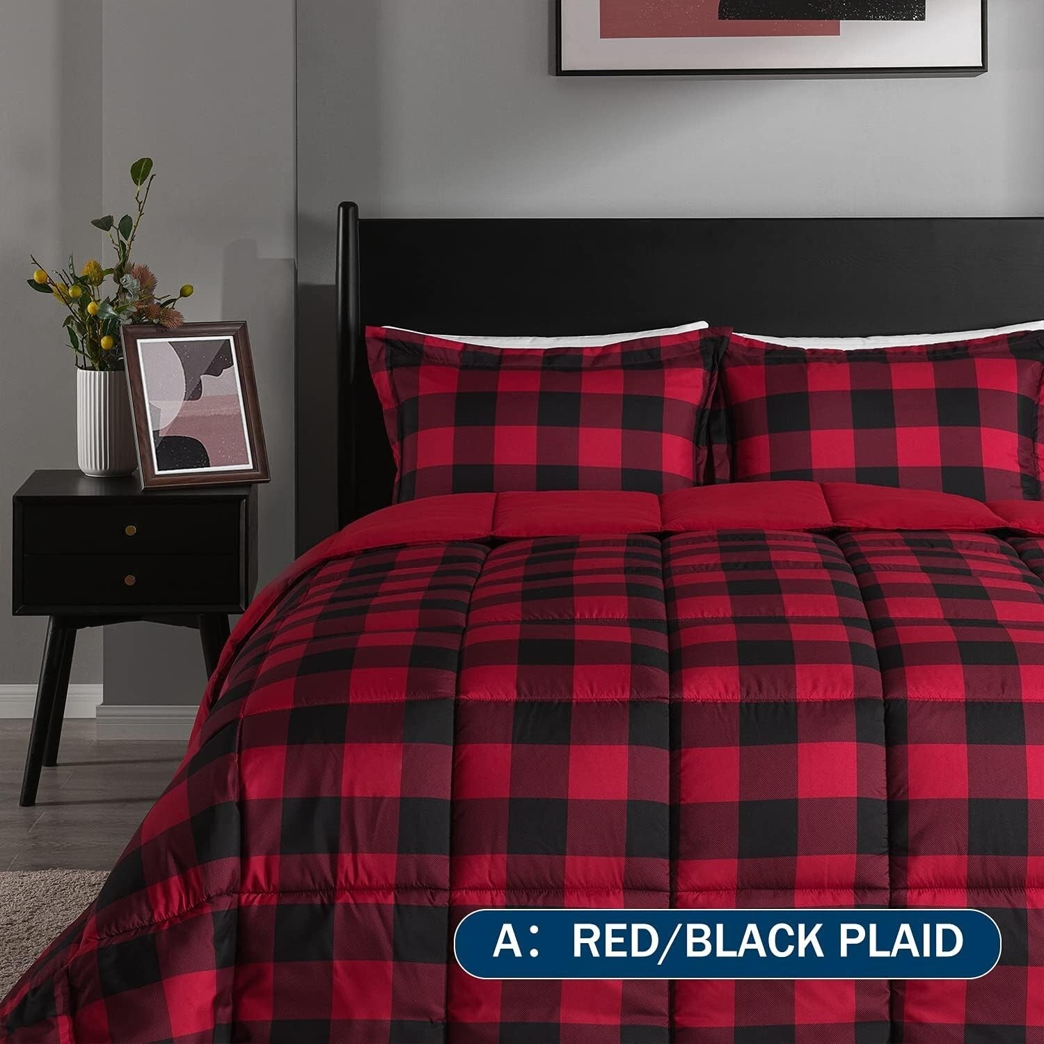 Durable and Soft King Size Comforter Set - Red/Black Plaid Pattern - 3 Pieces
