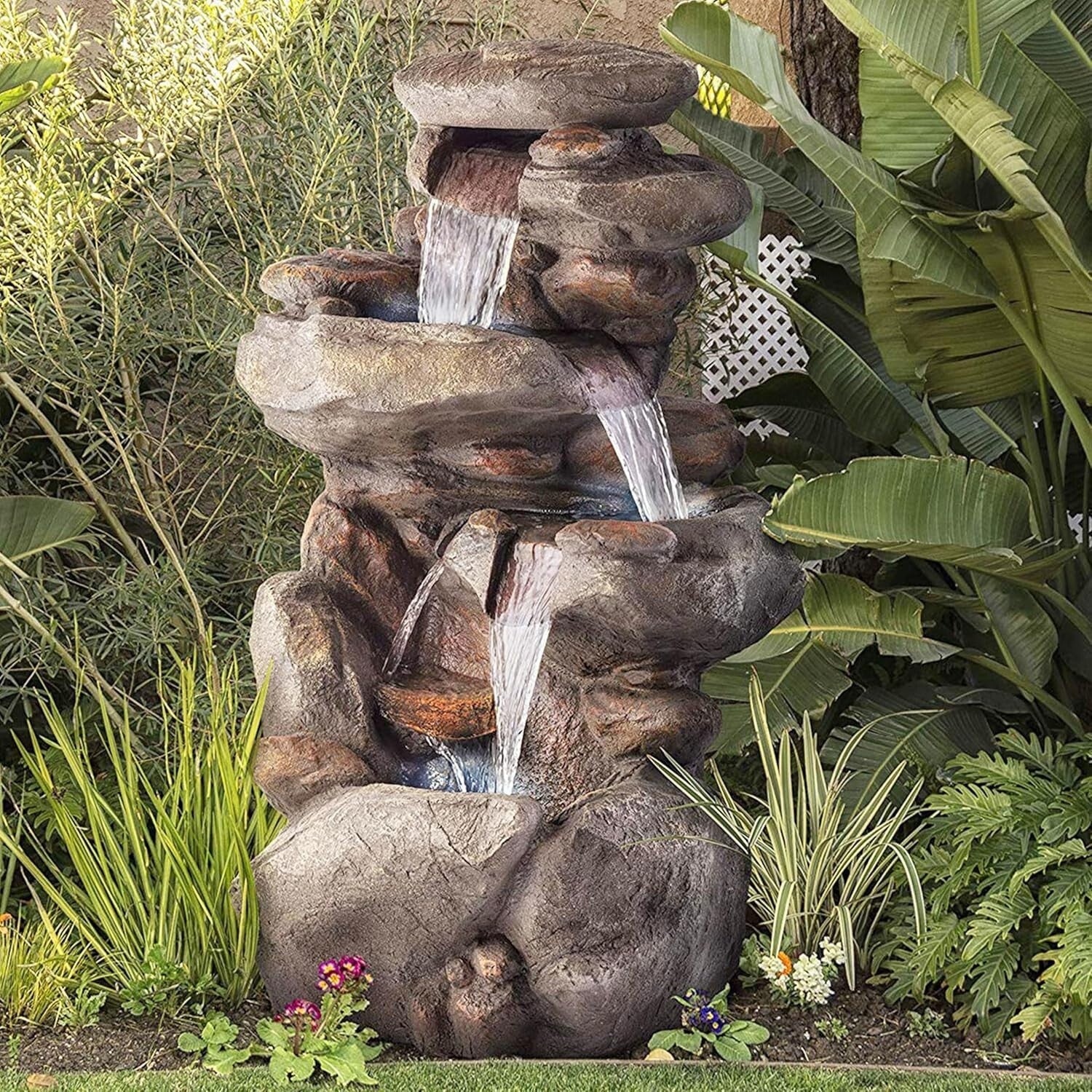 Elegant Light Gray 4-Tier Rock Water Fountain - Soothing Outdoor Water Feature