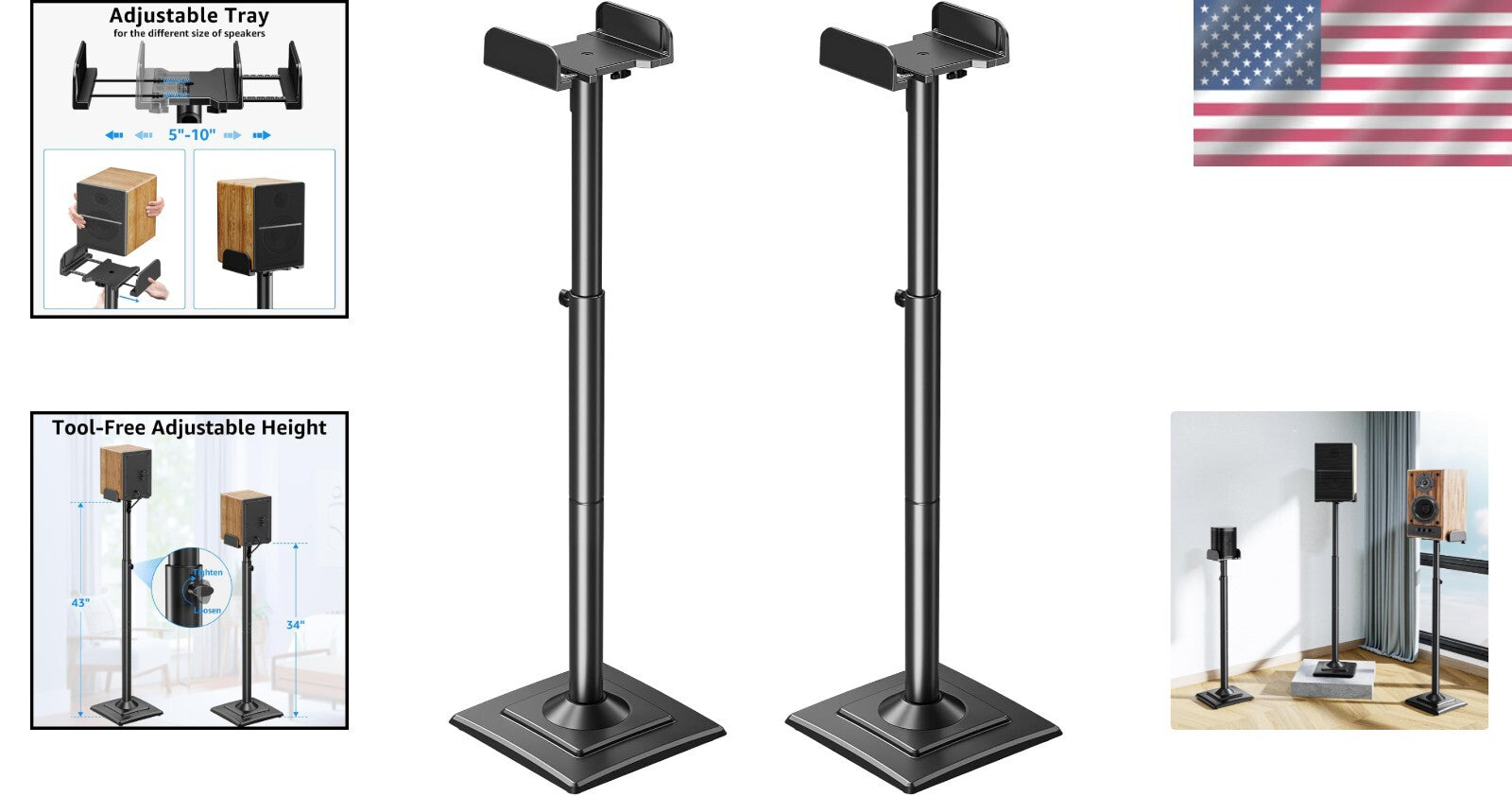 Sleek 34" to 43.3" Adjustable Speaker Stands with Concealed Cables – Alloy Steel