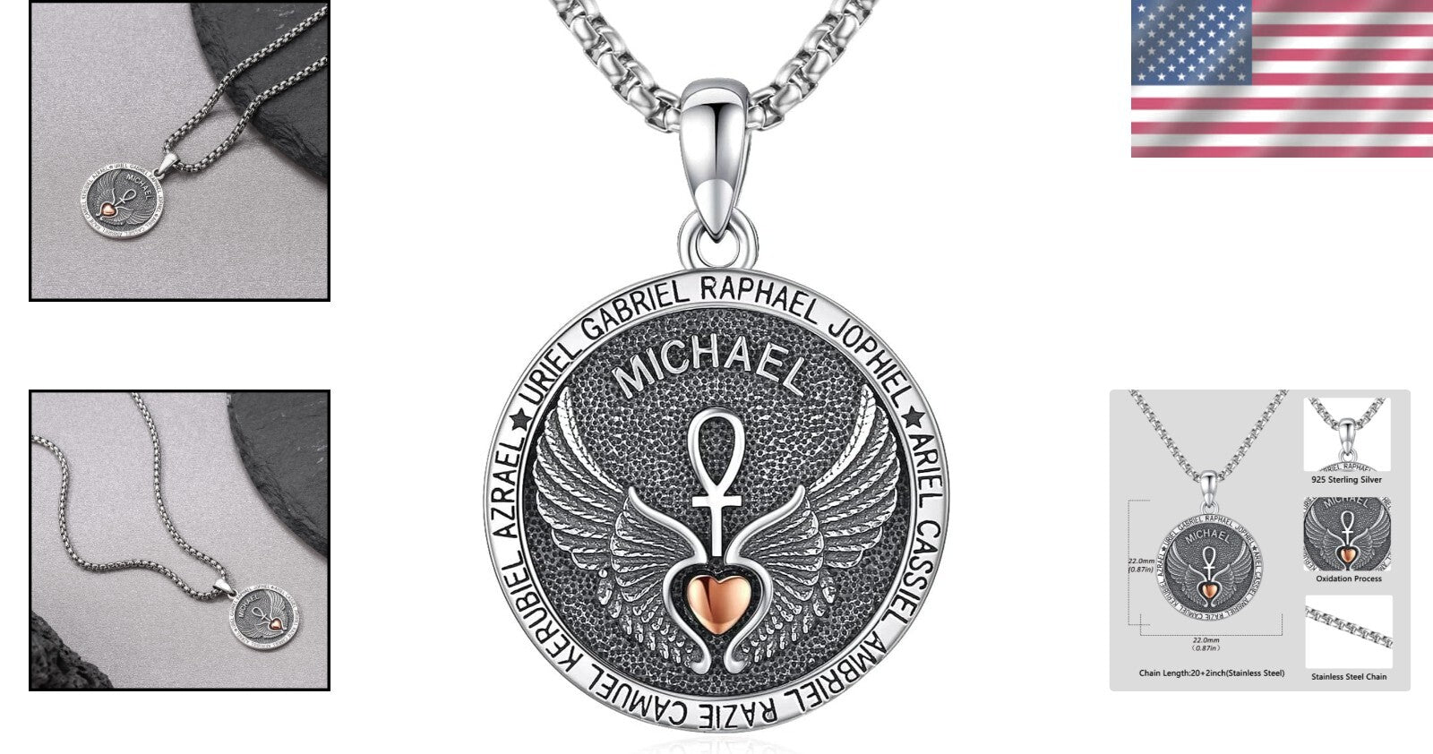 Saint Michael Engraved Silver Pendant Necklace for Protection - Adjustable Chain