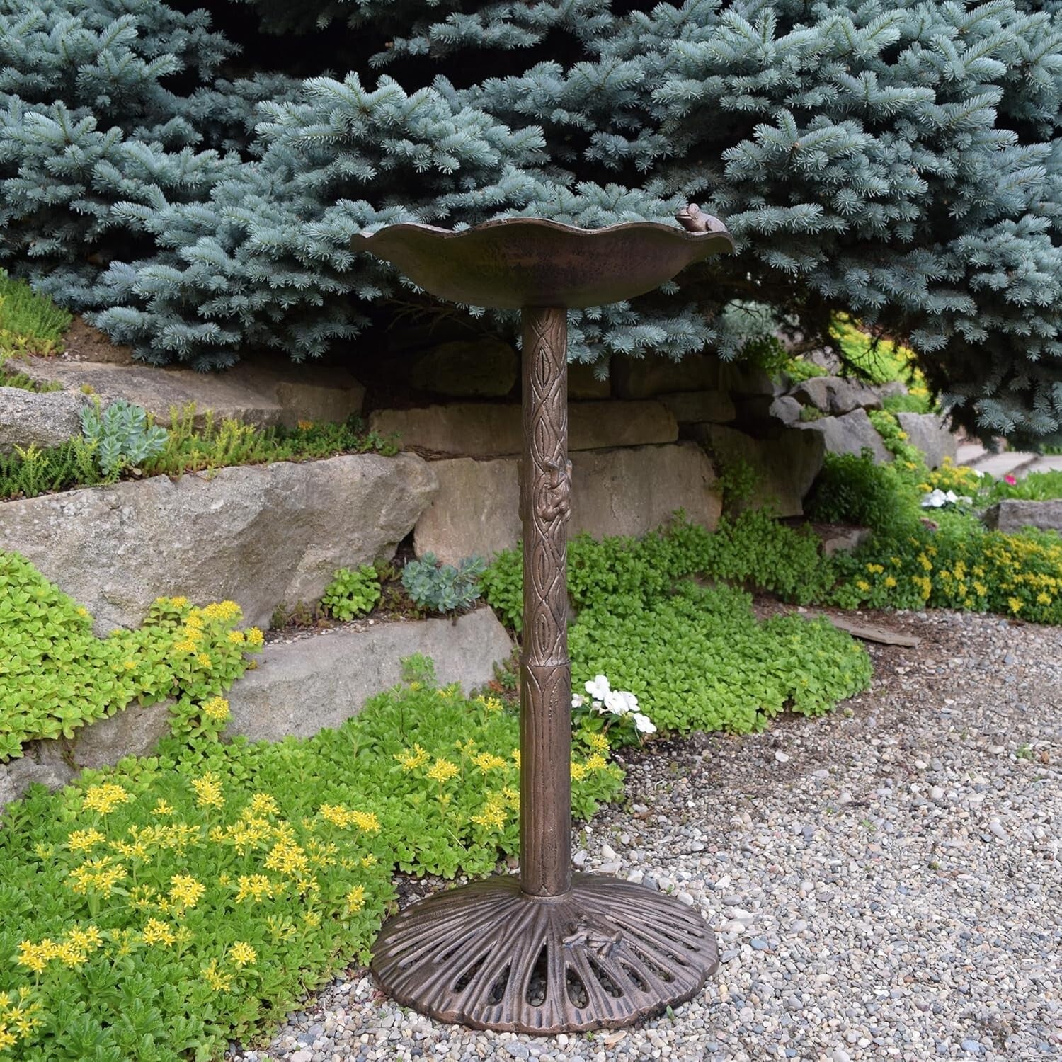 Unique 35-Inch Bronze Bird Bath with Frog Design - Perfect for Birdwatching