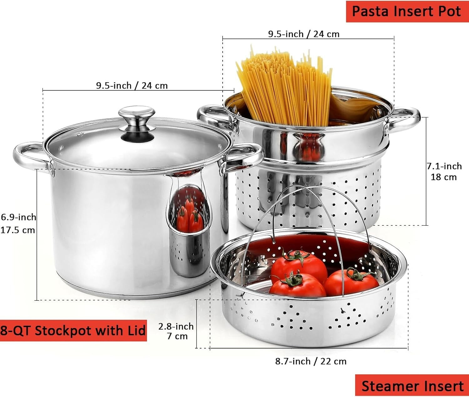 8-Quart Multifunctional Pasta & Steamer Set - Induction Ready Stainless Steel