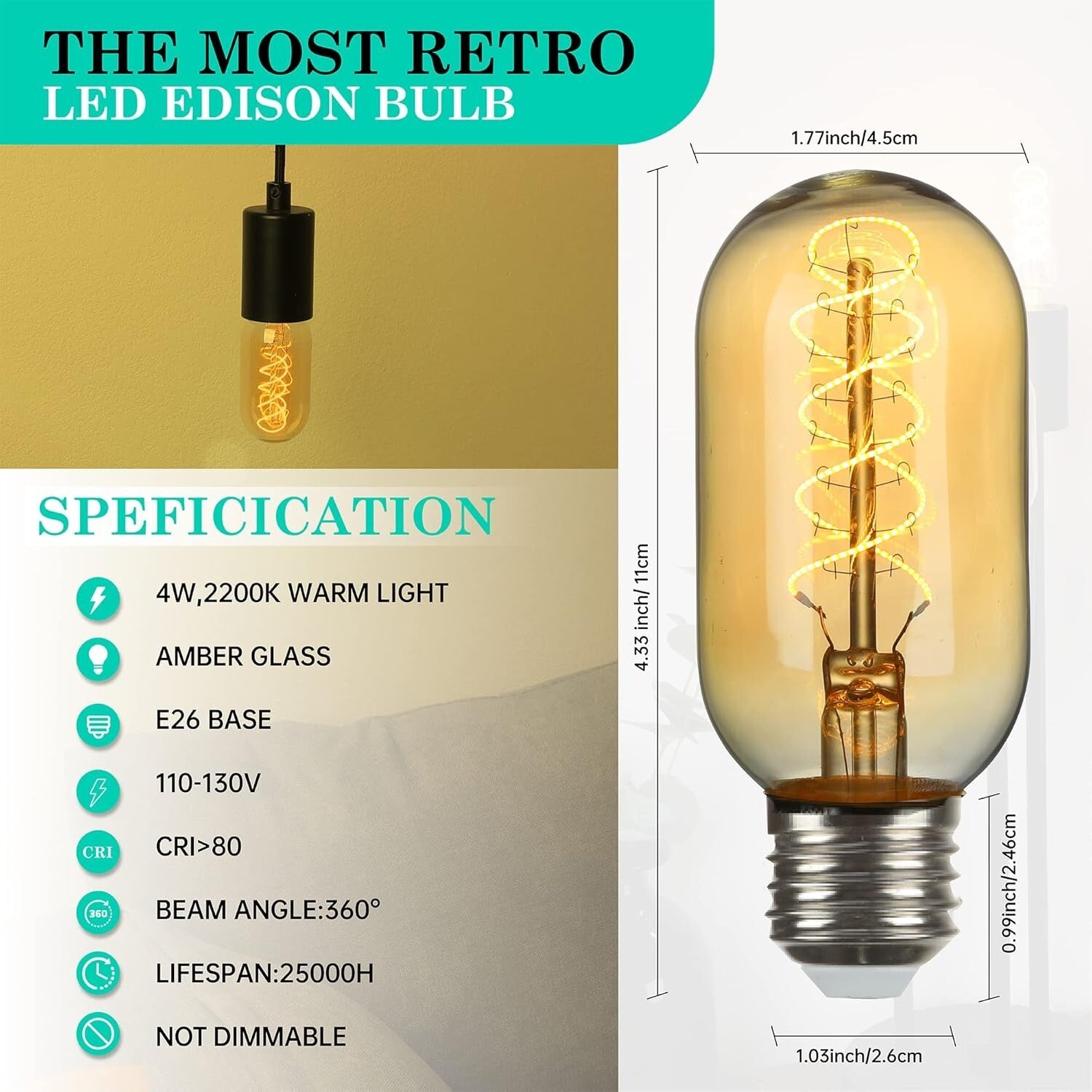 E26 Base Vintage LED Edison Bulbs - 8 Pack, Energy Efficient 2200K Warm Light