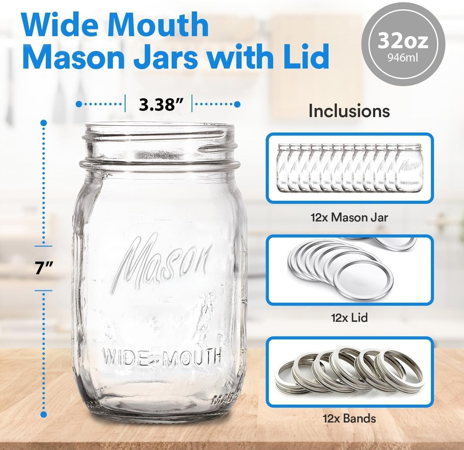 12-Pack Wide Mouth 32 oz Mason Jars - Airtight Seal for Canning & DIY Projects