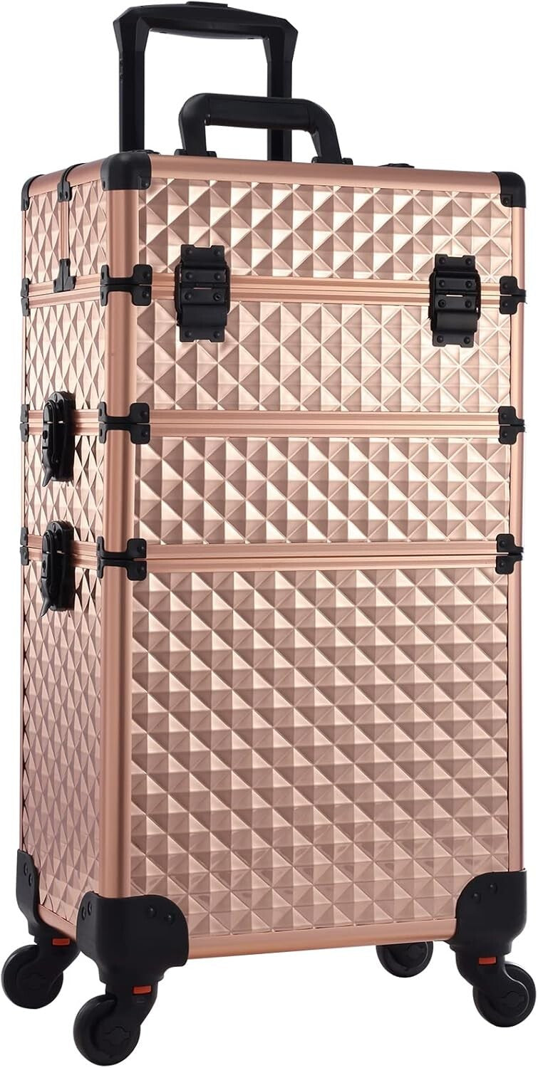 Diamond Pattern Cosmetic Rolling Case with Adjustable compartments & 4 Wheels