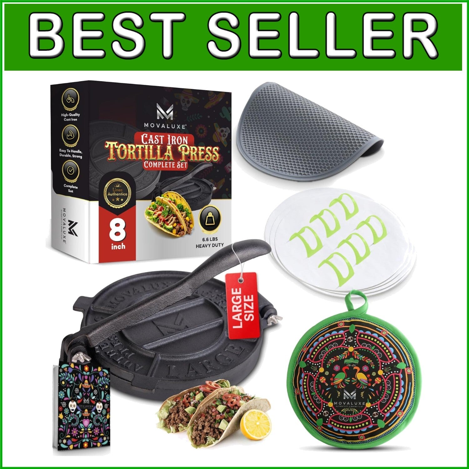 Elegant 8-Inch Tortilla Press Gift Set with Warmer, Holders & Cooking Essentials
