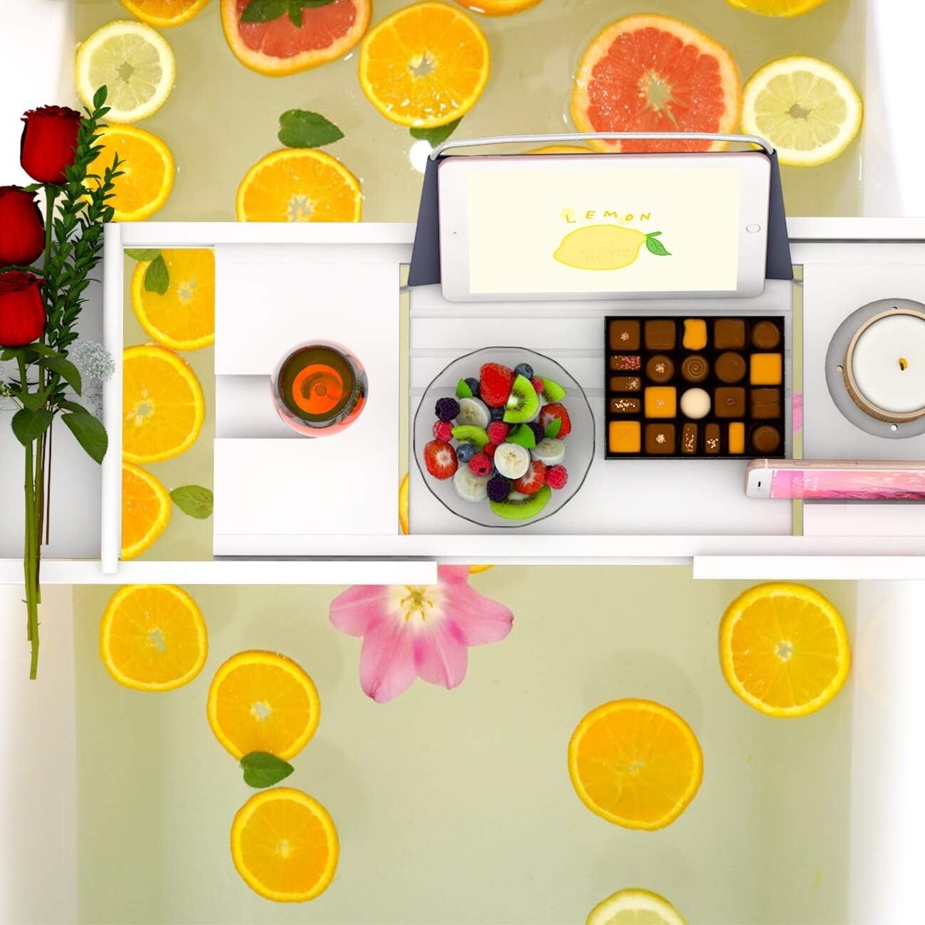 Expandable Bamboo Bathtub Caddy Tray - Elegant White Bath Table with Wine Holder