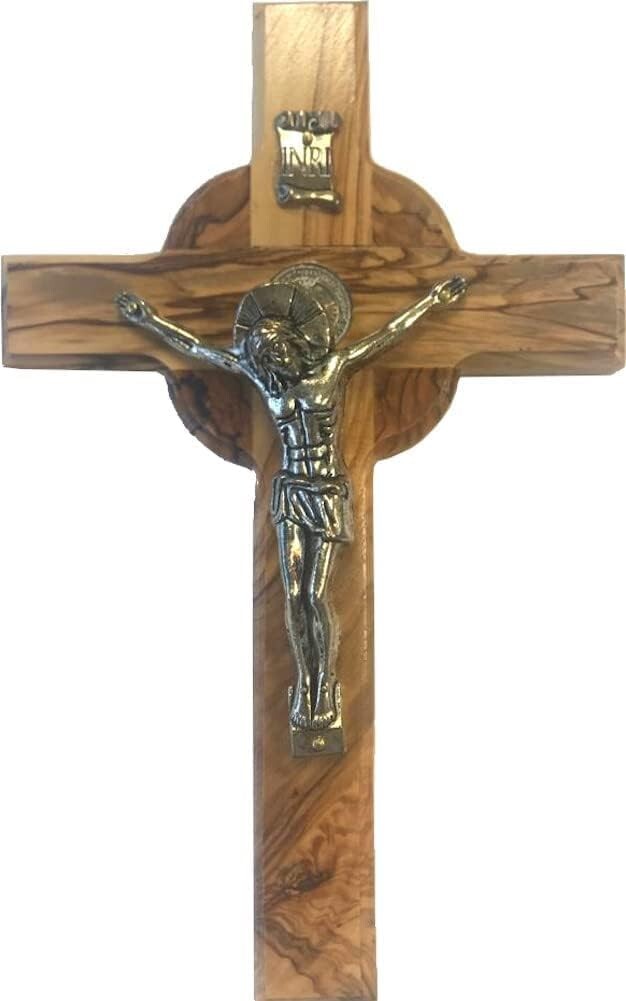 8-Inch Olive Wood Saint Benedict Crucifix with Celtic Design & Prayer Cards