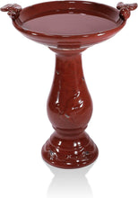 Load image into Gallery viewer, 25" Tall Red Antique Ceramic Birdbath with 2 Bird Figurines – Outdoor Elegance