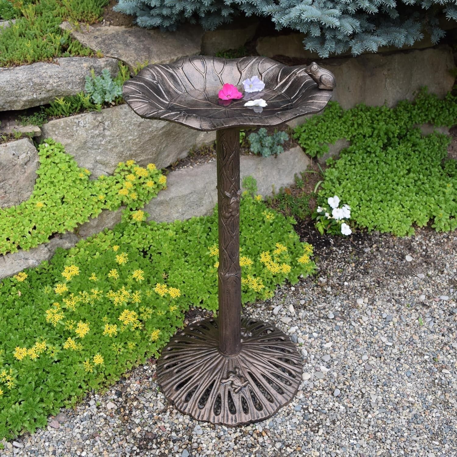 Unique 35-Inch Bronze Bird Bath with Frog Design - Perfect for Birdwatching
