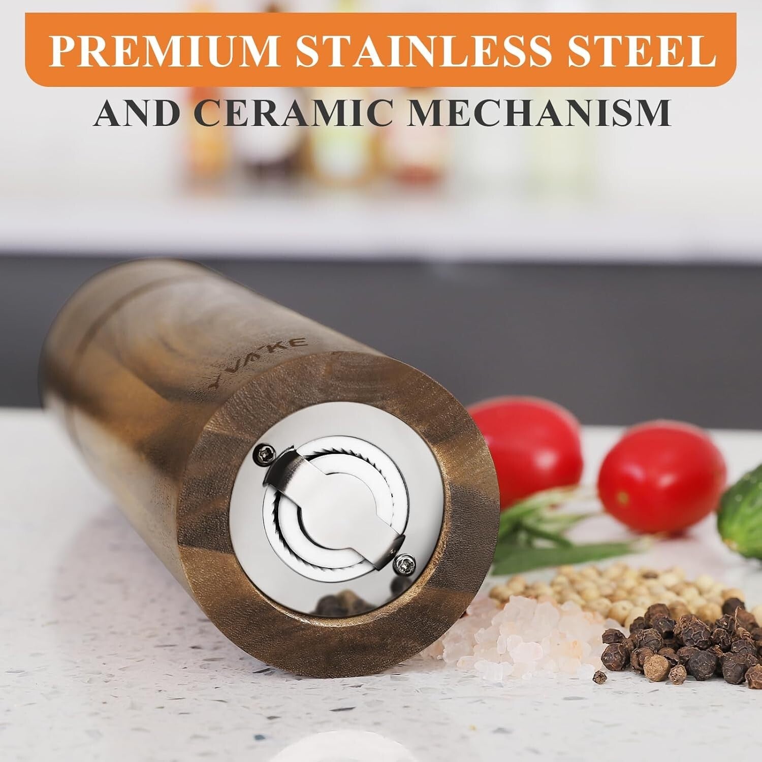 8-Inch Manual Salt and Pepper Grinders - Adjustable Coarseness & Natural Wood