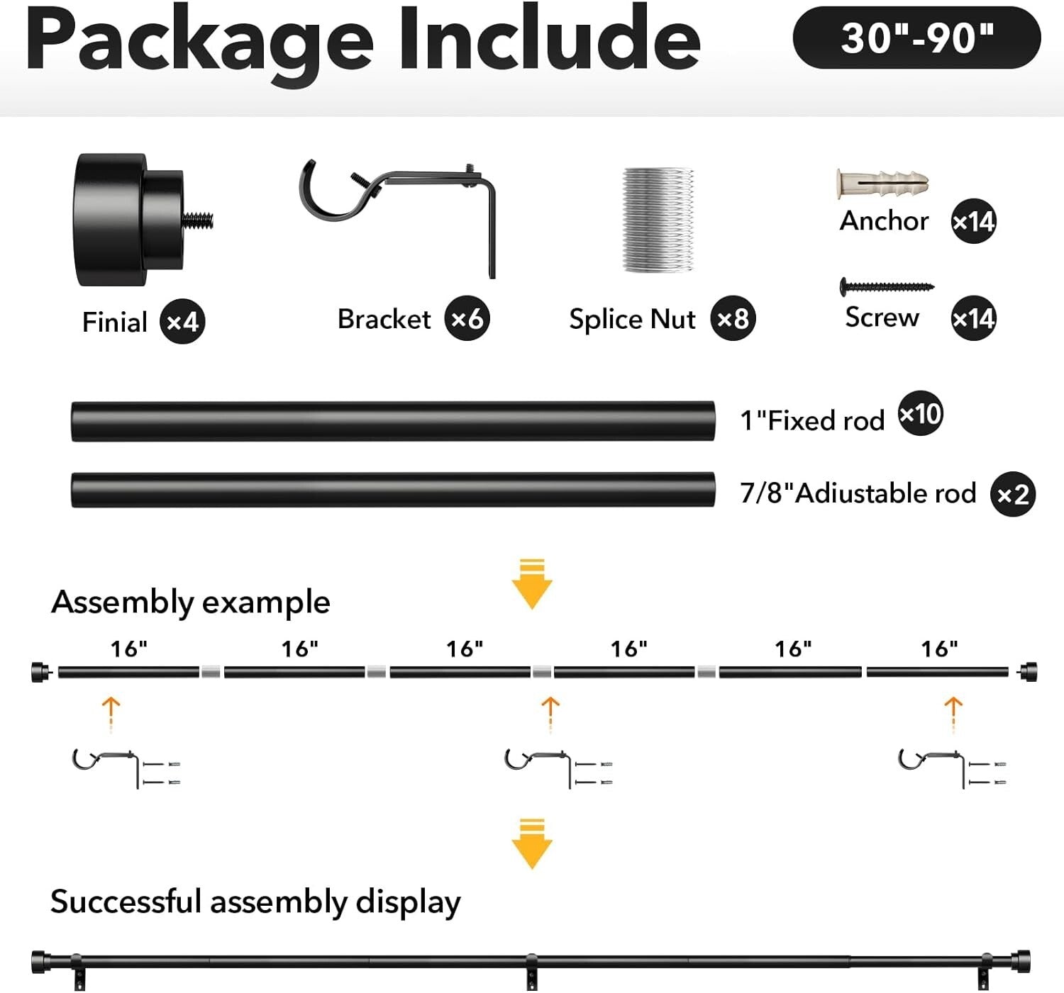 Adjustable Non-Bending Black Curtain Rod Set 2 Pack for Windows 48-84 Inches