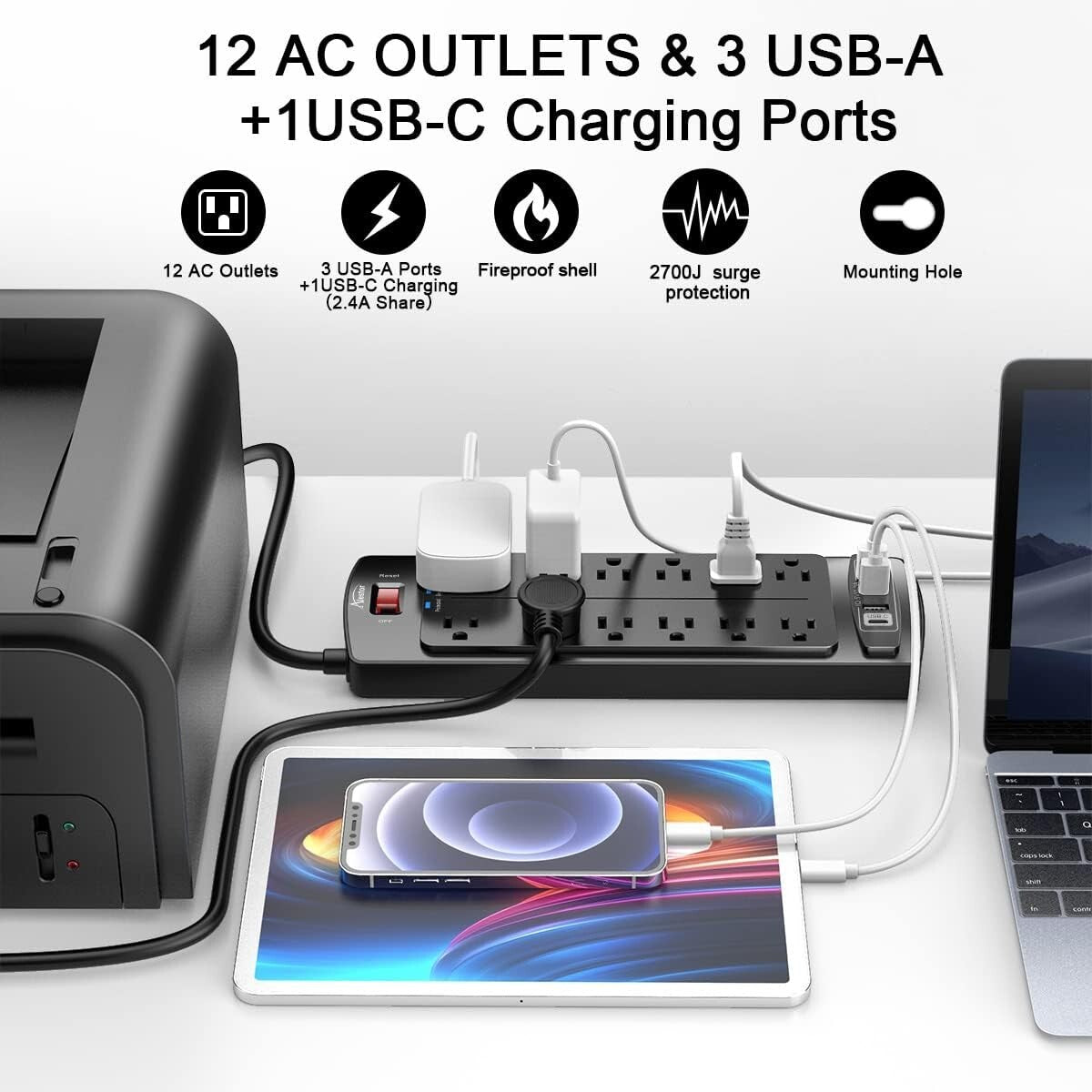 12-Outlet Surge Protector Power Strip with 4 USB Ports & Flame Retardant Housing