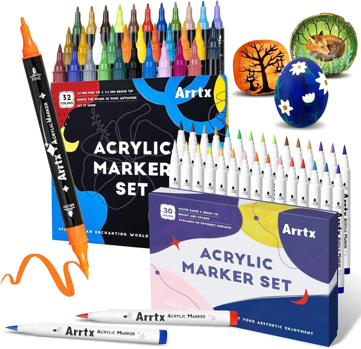 62 Vibrant Acrylic Paint Pens - Dual Tip, Non-Toxic Markers for Creative Crafts