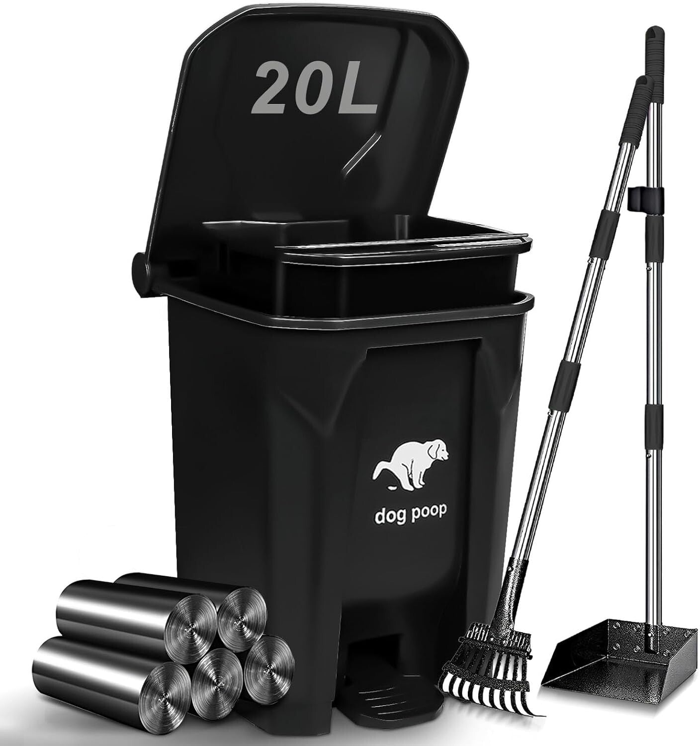 Compact Outdoor Dog Waste Bin with Rake, Tray & 100 Garbage Bags Included