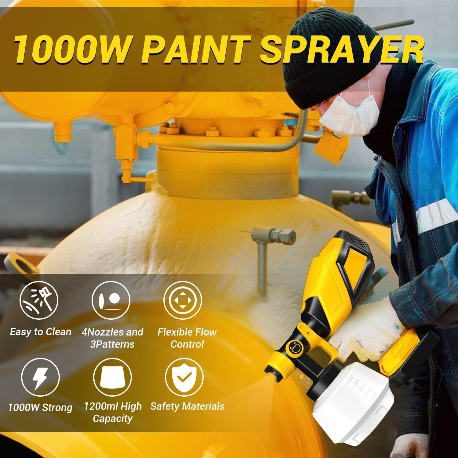 Effortless Cordless 1200ml Paint Sprayer with 8 Copper Nozzles for All Surfaces