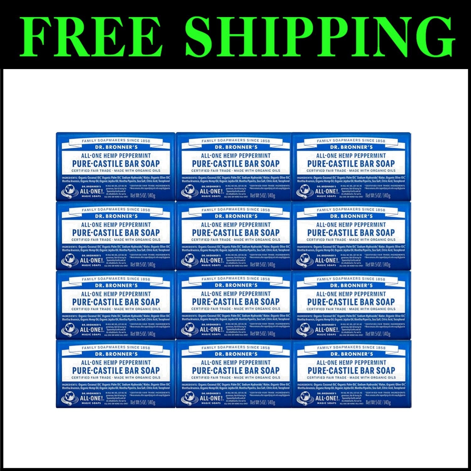 12-Pack Dr. Bronner's Peppermint Pure-Castile Bar Soap - Vegan & Cruelty-Free