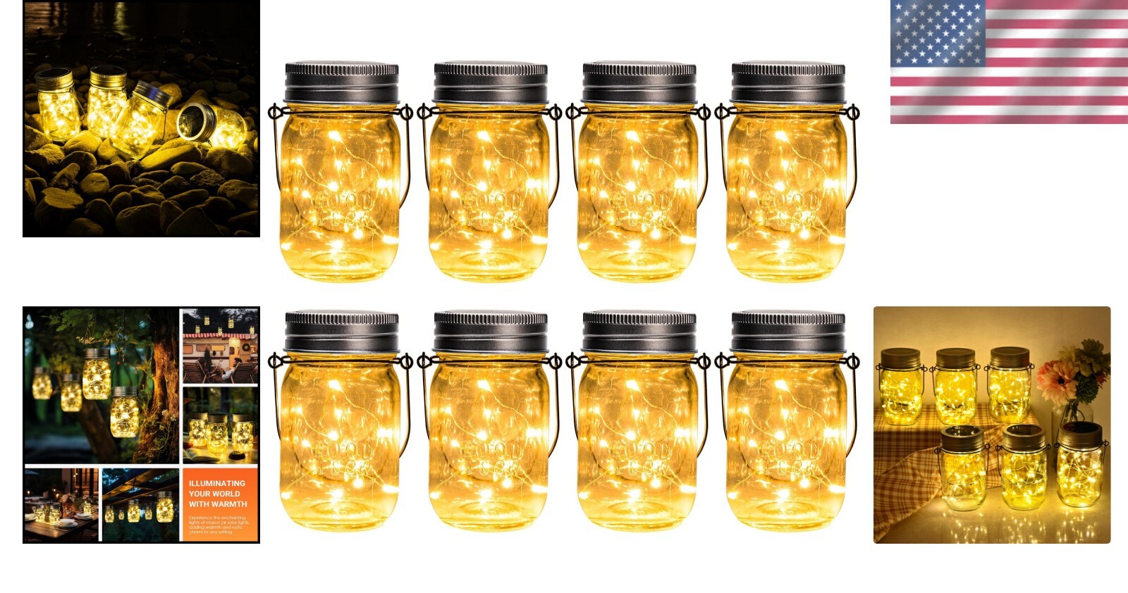 Durable Waterproof Solar Hanging Lights - 8-Pack Mason Jar LED Lanterns for Yard