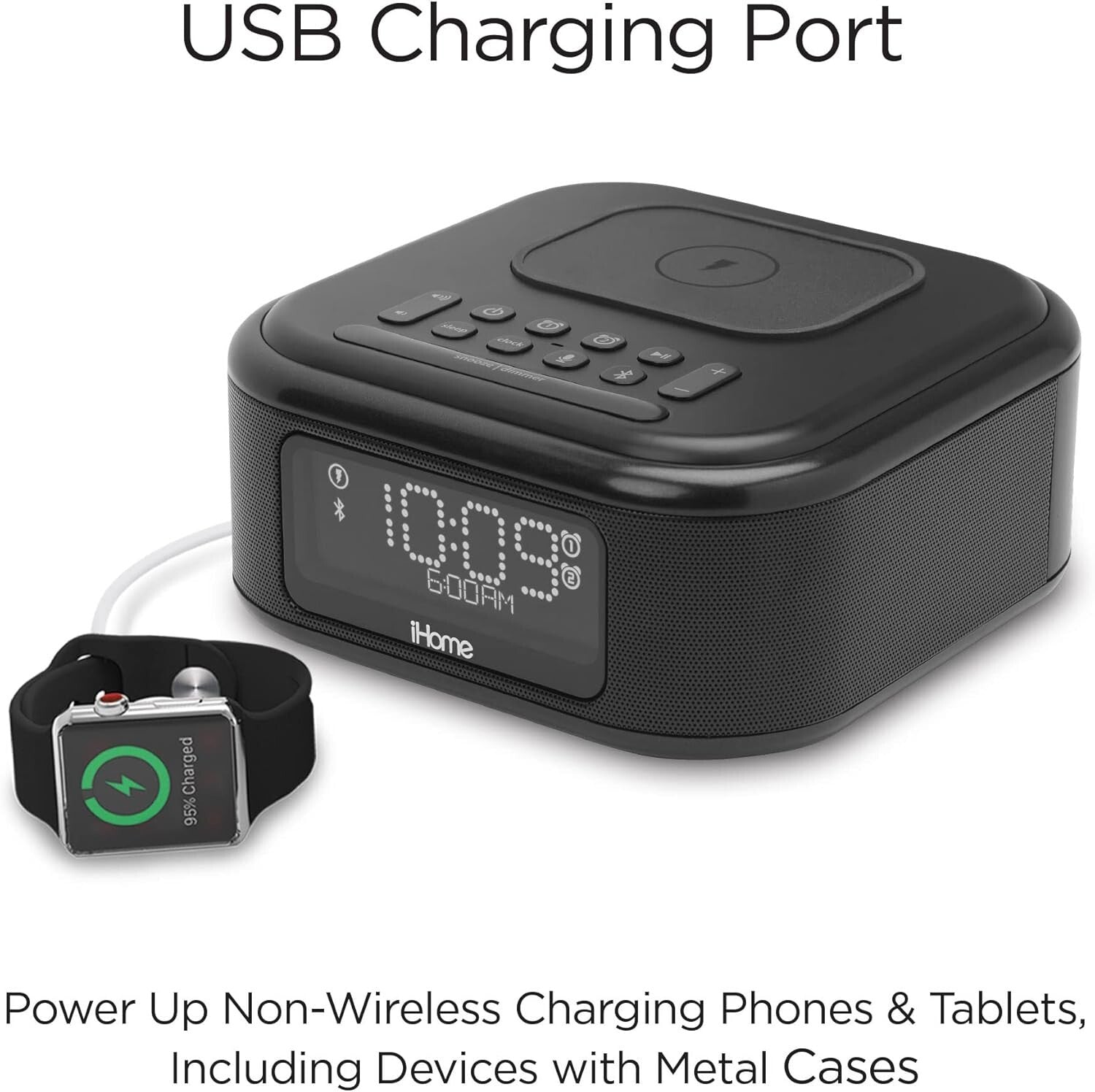 Multifunctional Alarm Clock with Wireless Charging Pad & Bluetooth Music Speaker