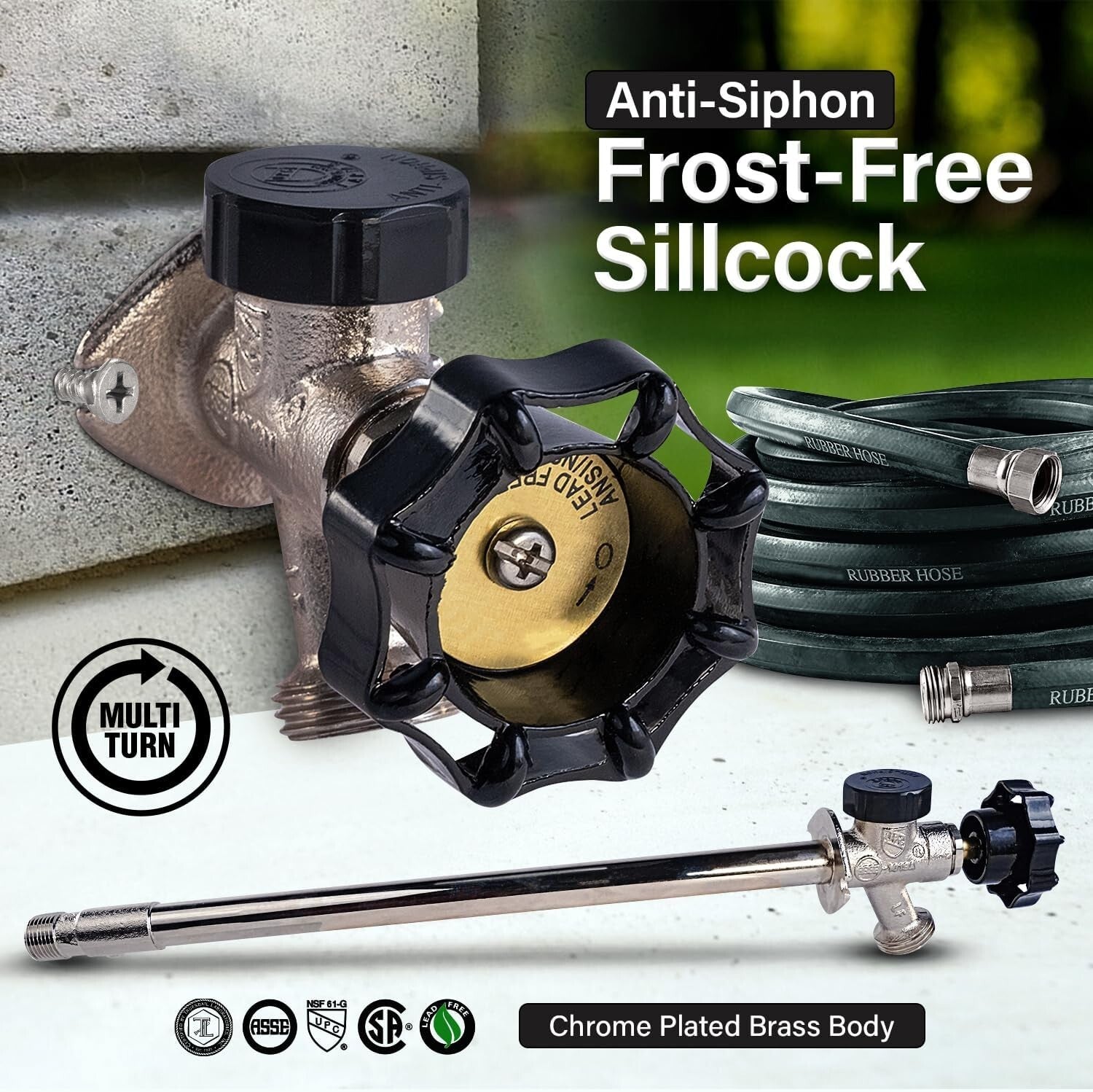 Frost-Free 10'' Chrome Plated Brass Sillcock with Vacuum Breaker - Anti-Siphon