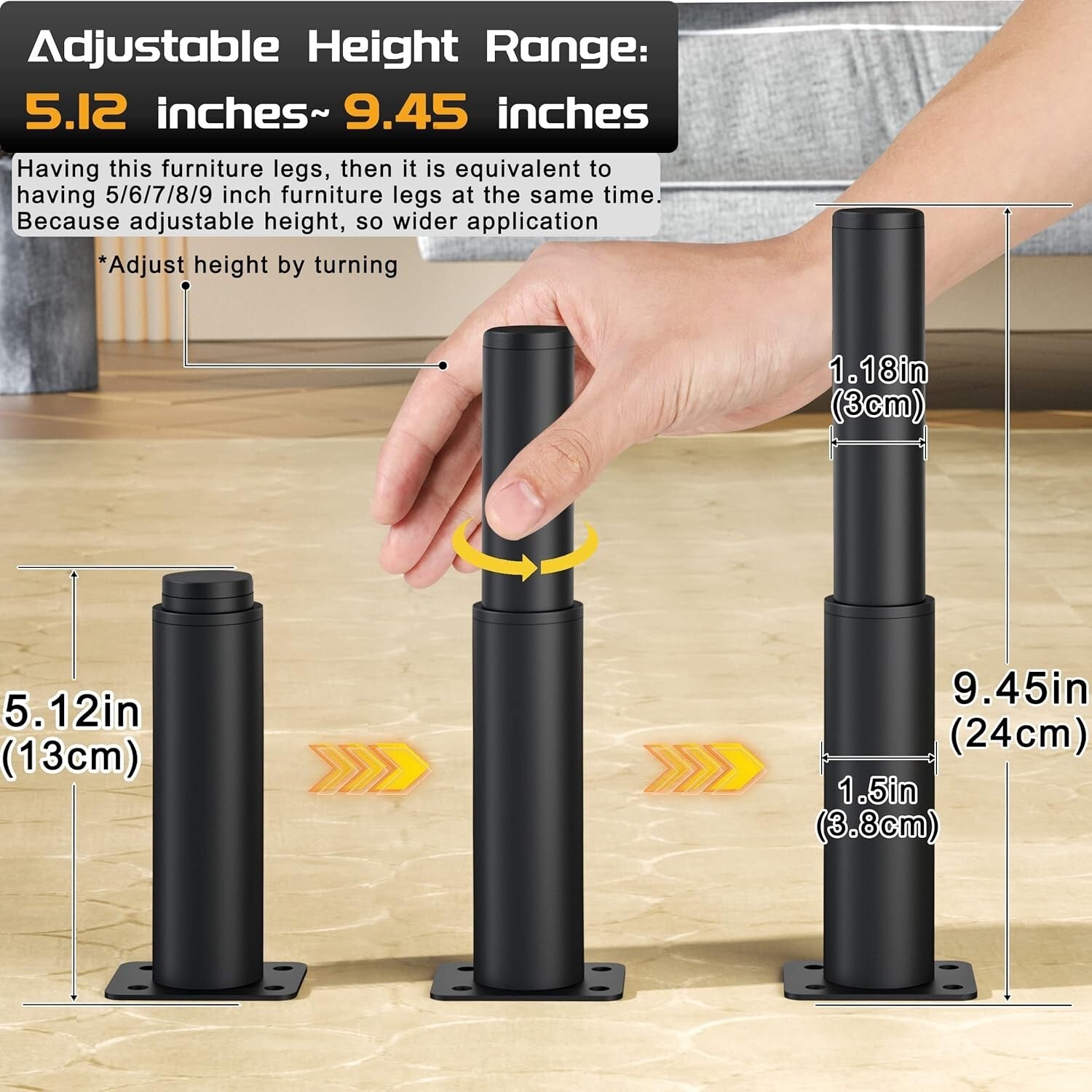 8 Heavy-Duty Adjustable Furniture Legs - Modern Black Metal Legs for Home Decor