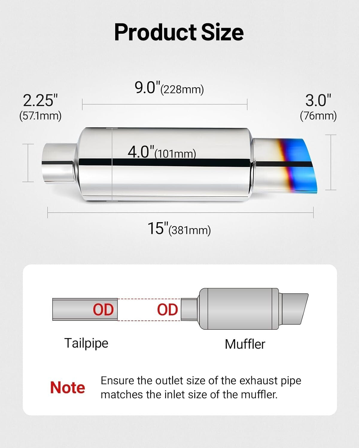 2.25" Inlet Stainless Steel Exhaust Tip, 15" Length, Premium Sound Control