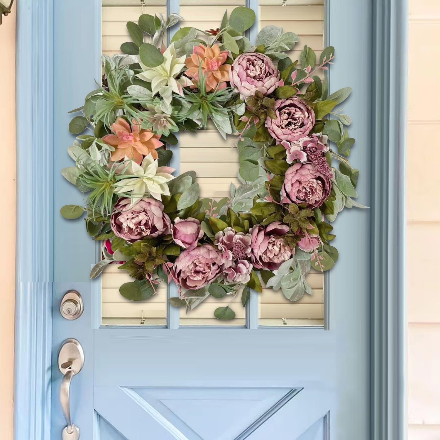 Stylish 24 Inch Spring Peony Wreath with Succulent Arrangement - Indoor/Outdoor