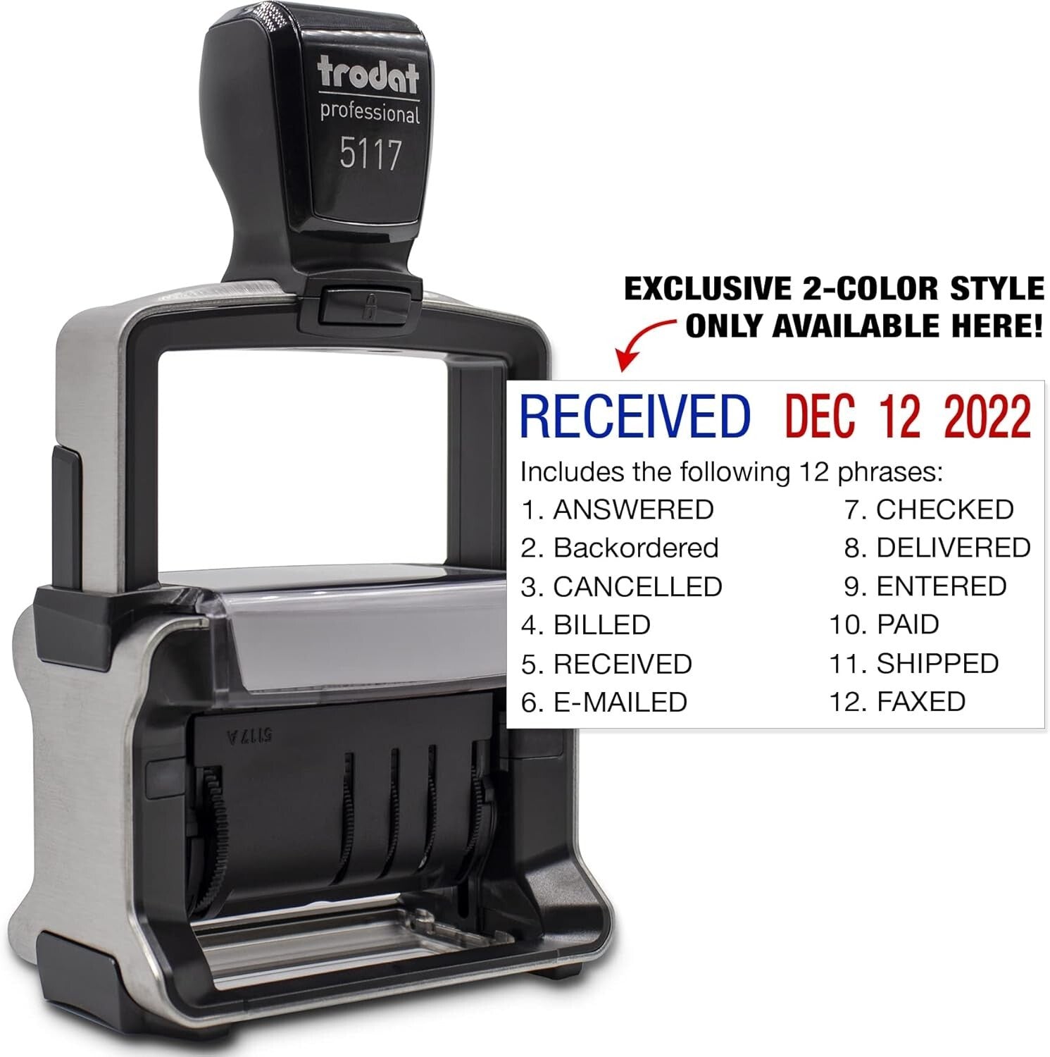 Durable 12-Message Professional Date Stamp with Built-In Ink Cover - 5117 Model