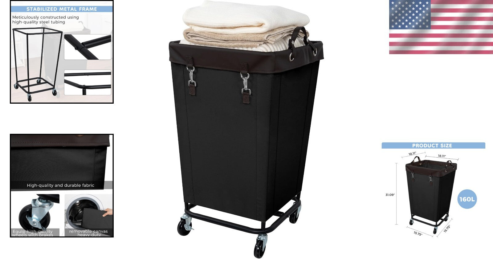 Large Capacity Black Laundry Hamper with Rolling Wheels - Easy Transport