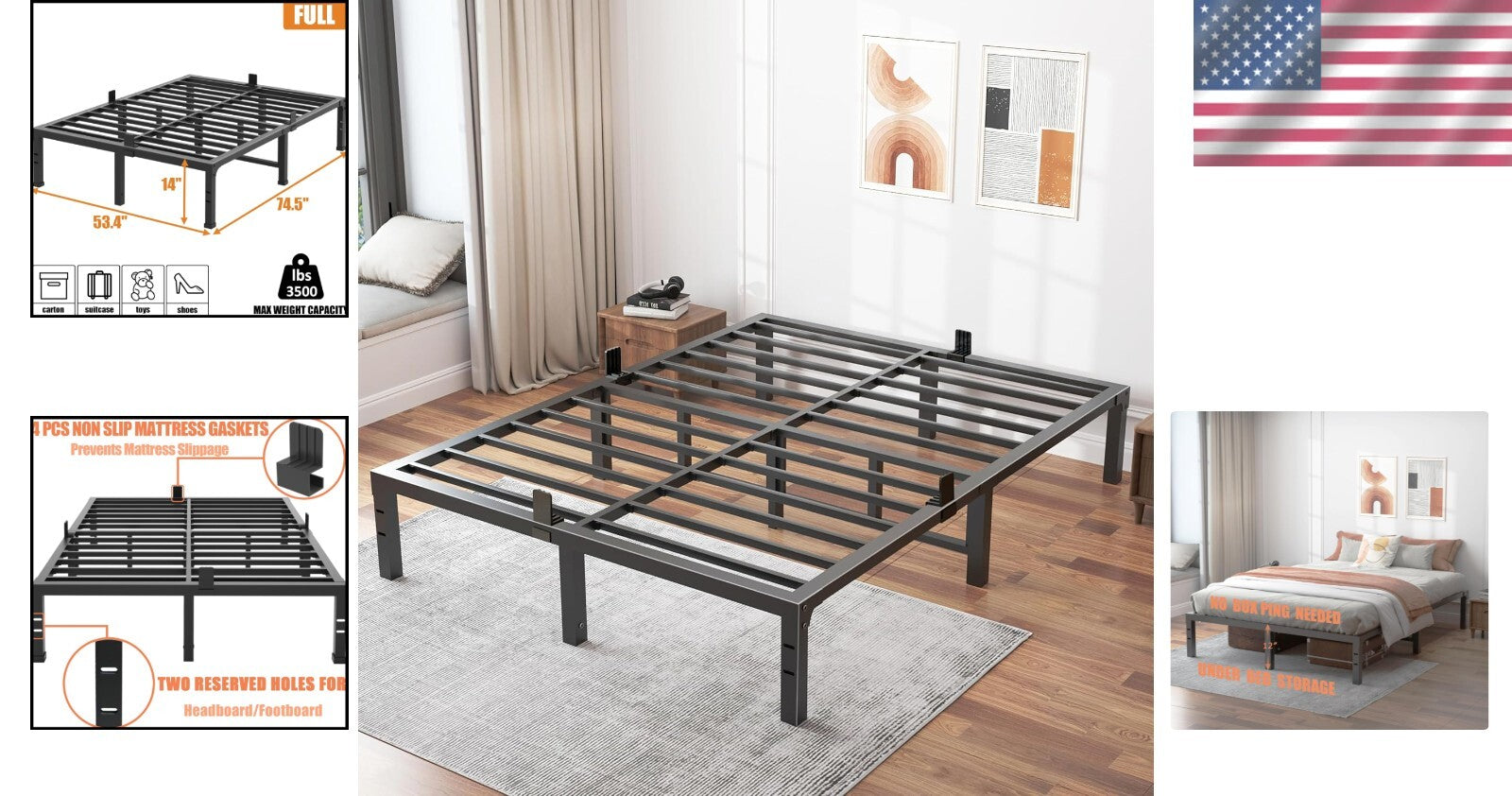 Stylish Black Full Size Bed Frame with Non-Slip Mattress Support – Easy Assembly