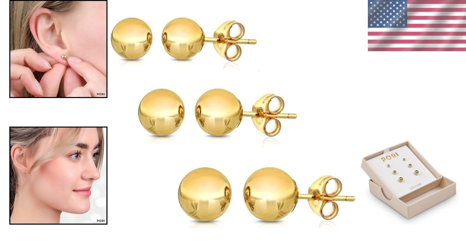 14K Solid Gold Triple-Pack Ball Stud Earrings - Comfortable for Sensitive Ears