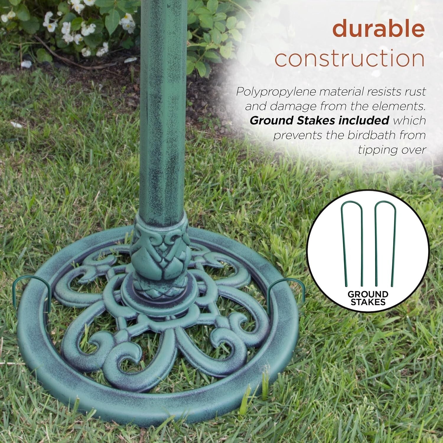 Elegant 28" Tall Outdoor Birdbath with Scrollwork - Aged Green Garden Accent