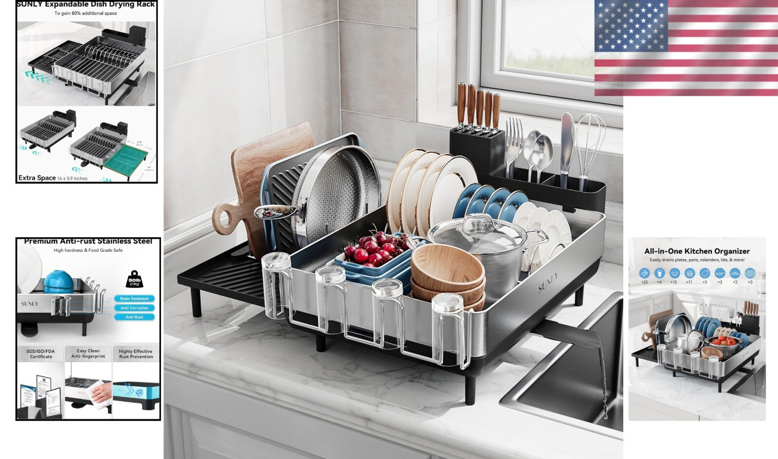 Black Expandable Dish Rack with Flip-Up Holders - 304 Stainless Steel Durability