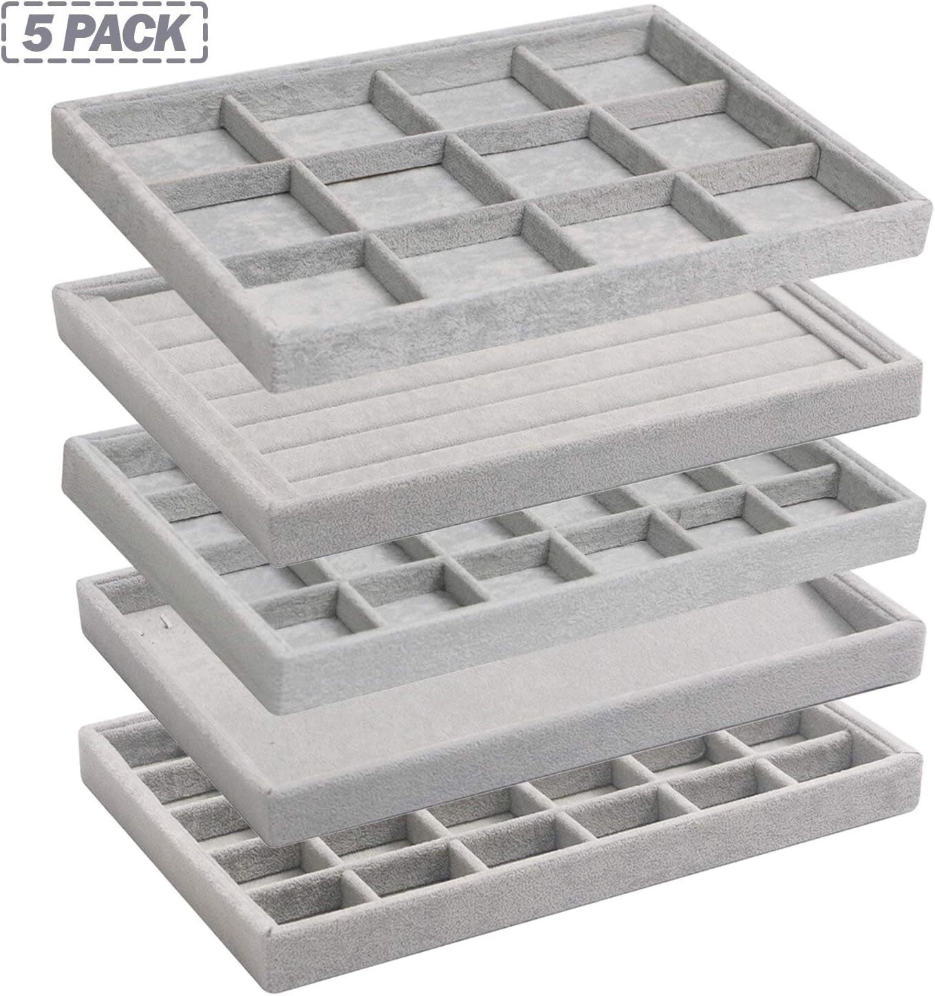 Versatile Velvet Jewelry Trays Set - 5 Stackable Organizers for Rings, Necklaces