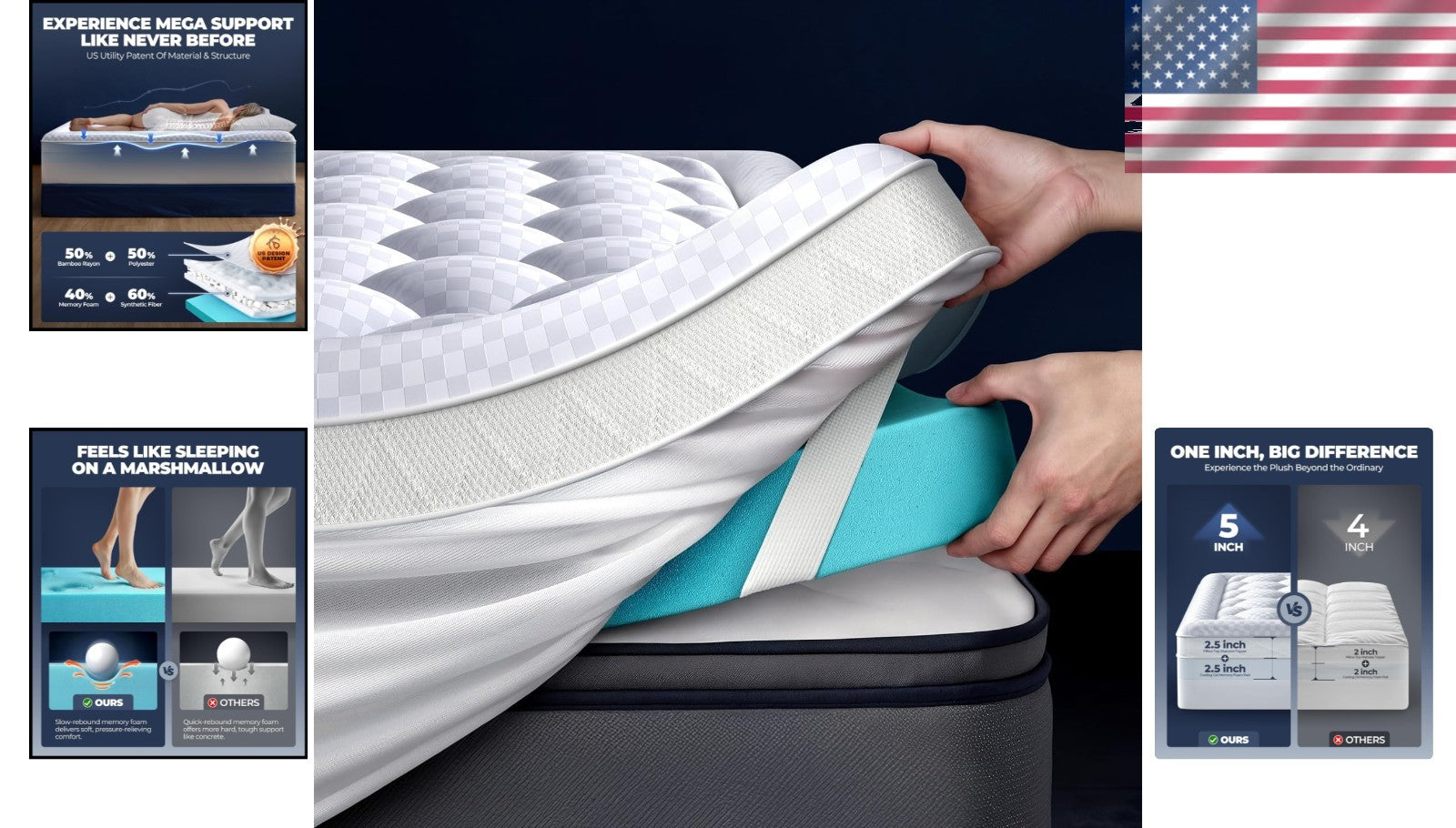 5" Mega Support Twin Mattress Topper with Bamboo Cooling Layer for Comfort