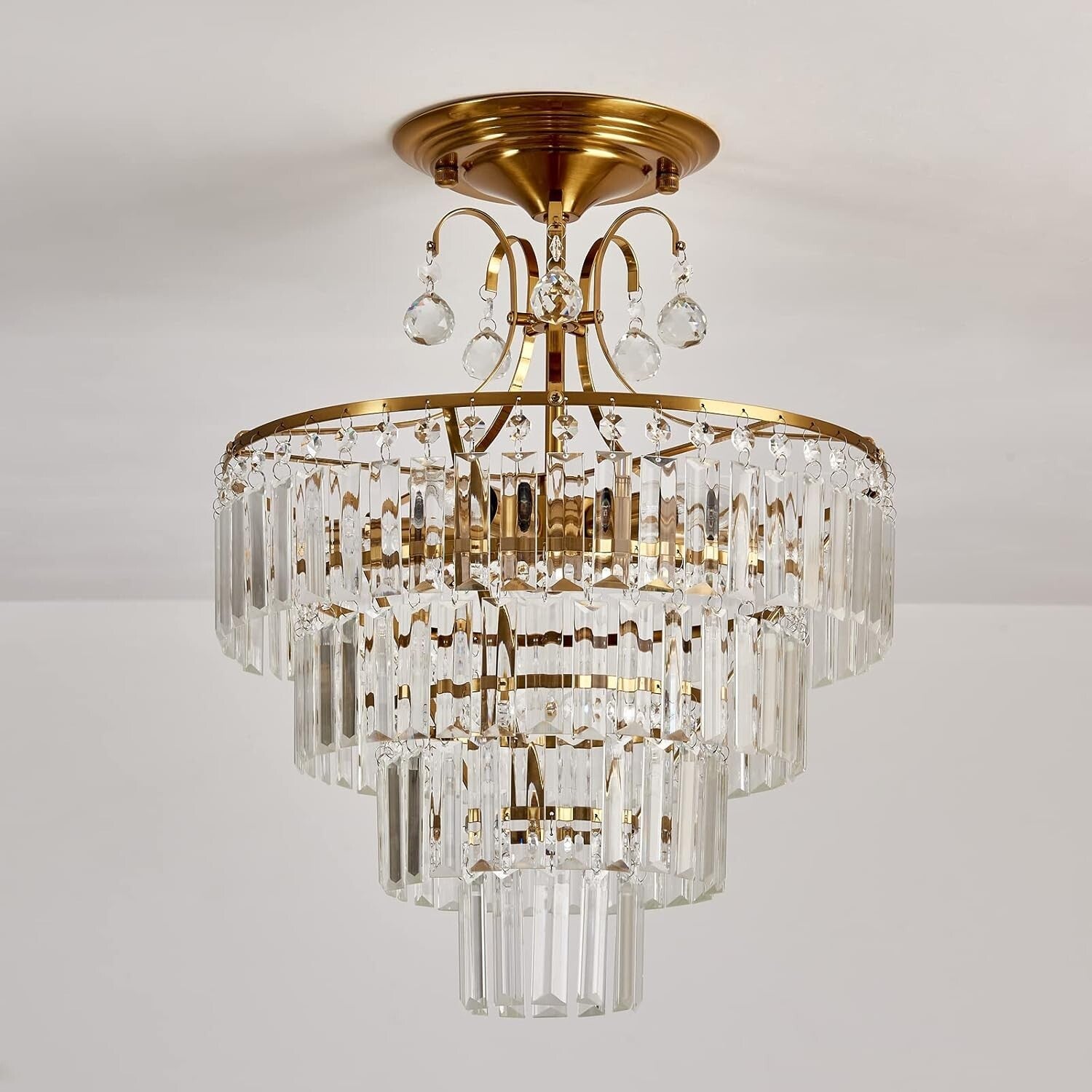 Chic Crystal Gold Semi Flush Mount Chandelier - Ideal for Living & Dining Rooms