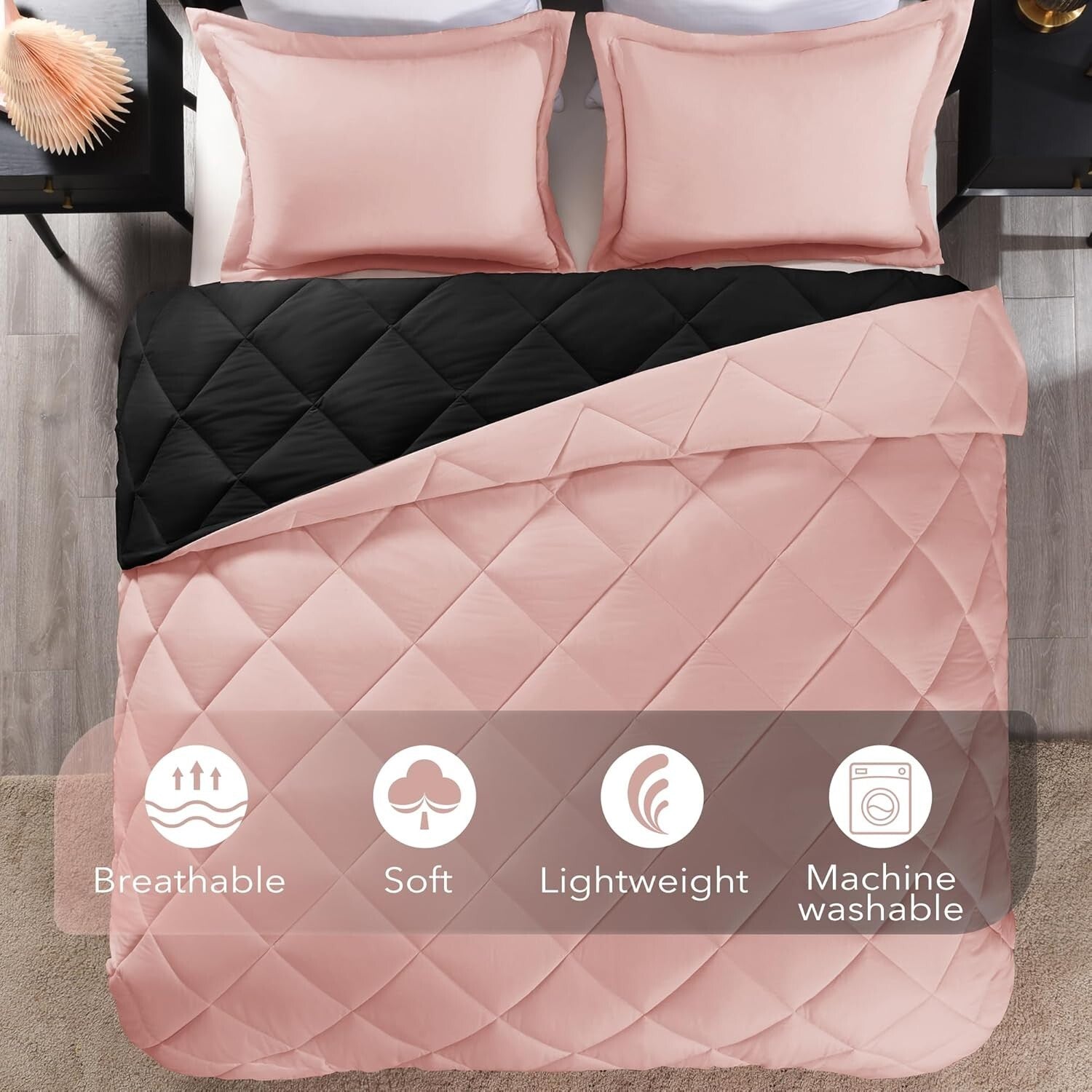 Stylish All-Season 3-Piece King Comforter Set - Pink & Black Reversible Design