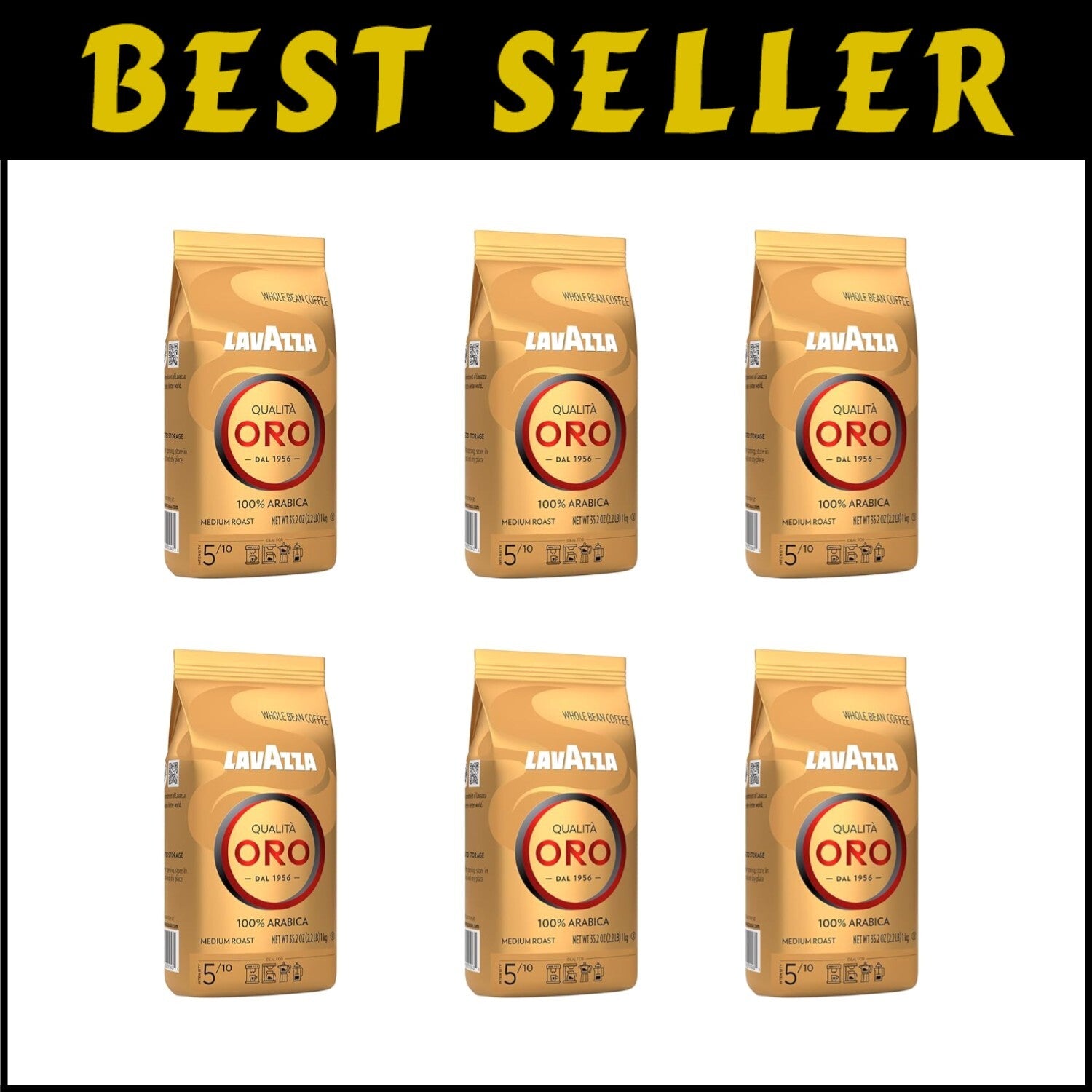 Qualità Oro Whole Bean Coffee, 100% Arabica, Medium Roast, 6-Pack of 2.2 lb Bags