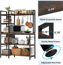 Load image into Gallery viewer, Rustic 43-Inch 5-Tier Bakers Rack with 10 Hooks – Large Kitchen Storage Solution